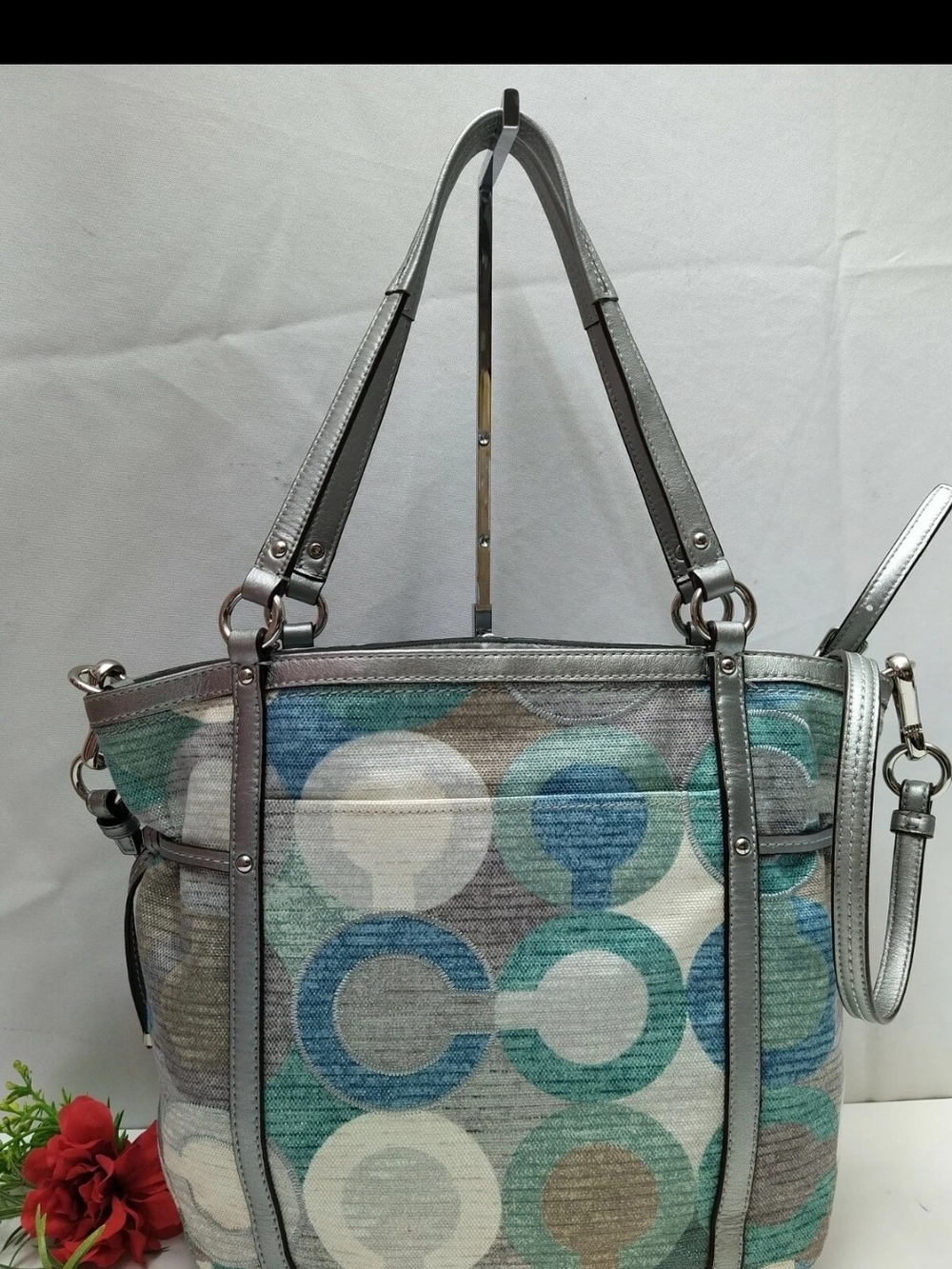 Coach Audrey Op Art Cinched Tote Multi Color Metallic W/Silver Leather Trim - Picture 3 of 16